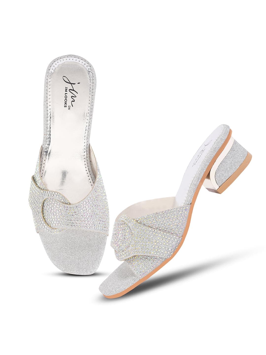 JM LOOKS Women's Silver Rhinestone Embellished Block Heel Slip-On Sandals – Stylish Heels for Weddings & Festive Occasions
