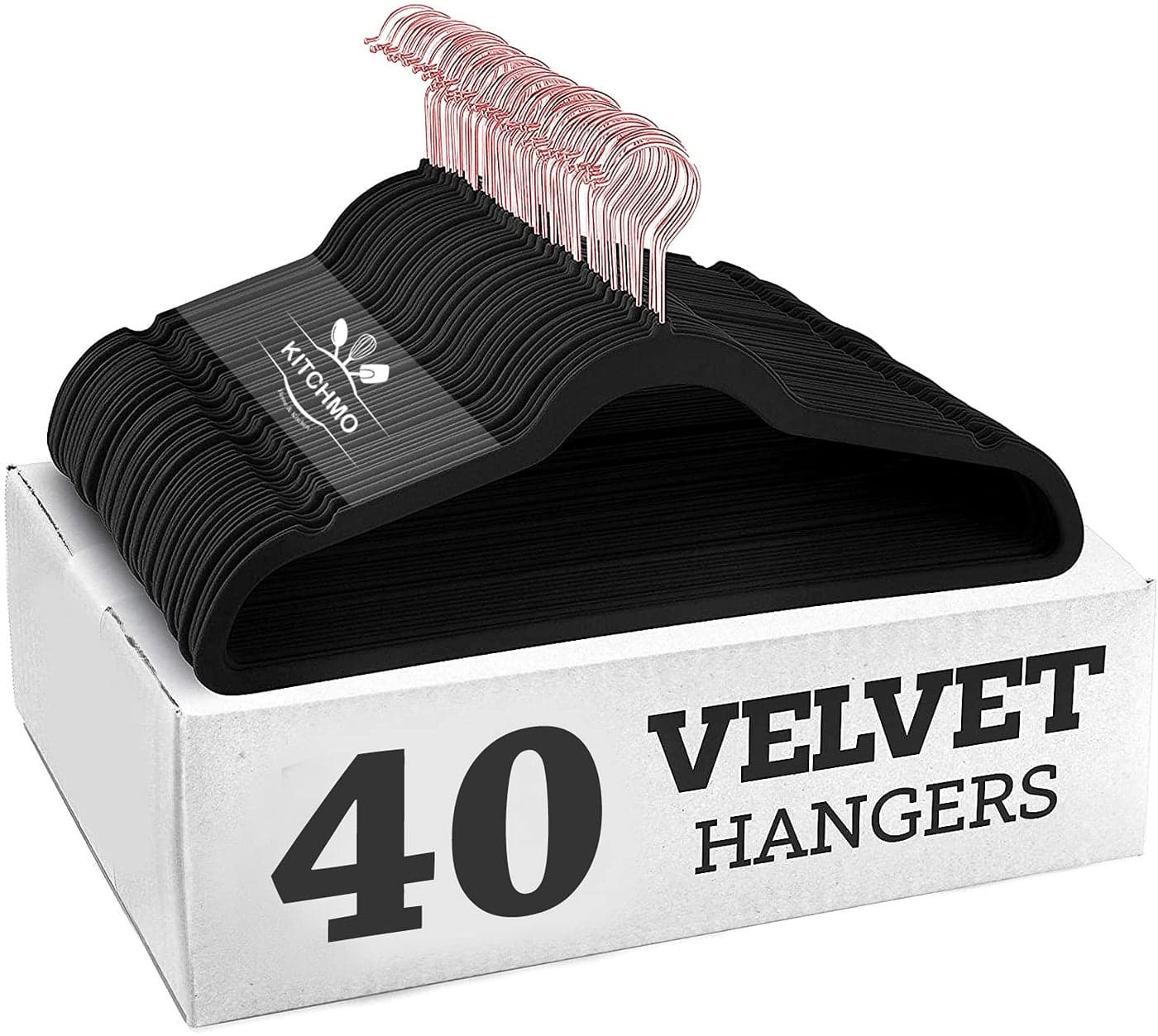 KITCHMO- Premium Velvet Hangers Non Slip Velvet Suit Hangers Rose Gold Hooks,Space Saving Clothes Hangers Velvet Hangers Non-Slip 360 Degree Swivel Hook Clothes Hangers Velvet (Black, Pack of 40)