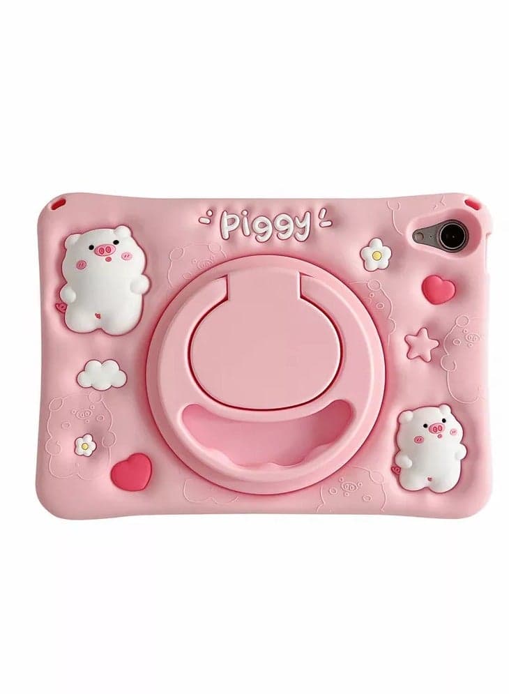 Silicone Cute Premium Pink Pattern Tablet Case with Built-in 360° Rotatable Foldable Kickstand and Lanyard Case for iPad 9.7