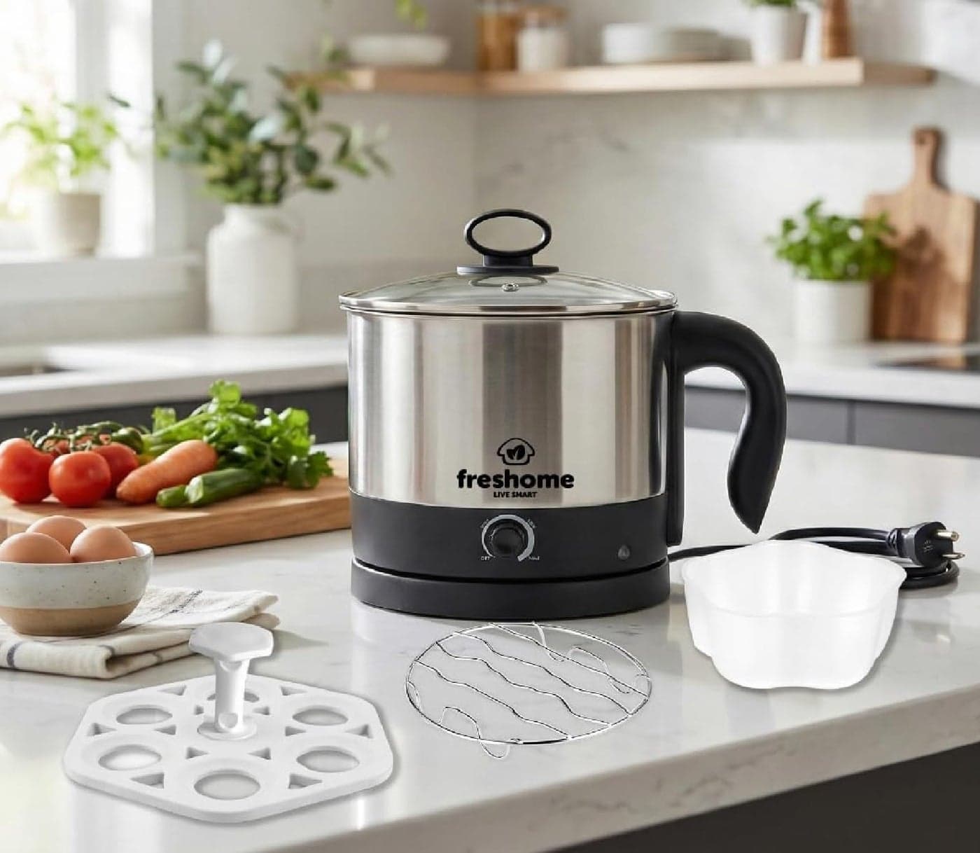 FRESHOME Electric Multipurpose Kettle 1.2L, 600W, with Stainless Steel Body, Egg Rack, Grill Rack, 3 Heating Modes & Rapid Boil Technology, Boiling Water, Tea, Coffee, Oats, Noodle, Soup (Silver)