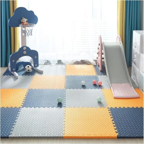 SIGNATRON 20mm Thick Exercise Mat Tiles, Gym Floor Mat Rubber, Interlocking Foam for Gymnastics, Exercise, Play Areas, Home Gyms, Dance Studios, Yoga (Navy Blue - Orange - Grey, 4Pcs)