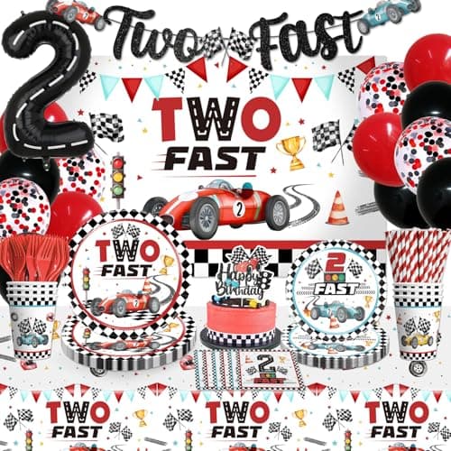 cocomigo 170Pcs Two Fast Birthday Decor 2 Fast Birthday Decorations Include Plate Cup Napkin Backdrop Banner Tablecloth Balloon Cutlery and Topper