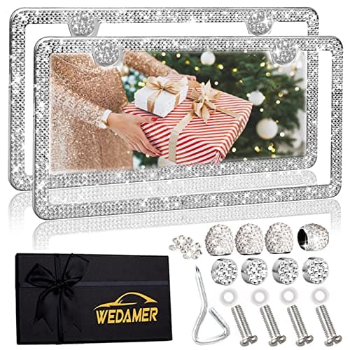 WEDAMER 2 Pack Bling License Plate Frames for Women, Sparkly Rhinestone License Plate Frame Diamond License Plate Frame Glitter Bedazzled Girly License Plate Frames Holder Cover Bling Tire Valve Caps