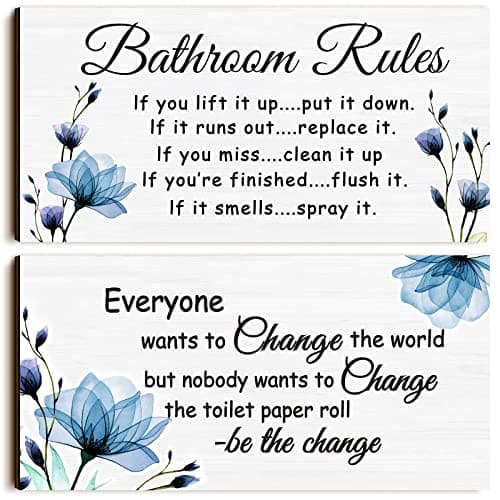 Jetec 2 Pieces Funny Bathroom Signs Bathroom Wall Decor Toilet Wall Accessories Farmhouse Toilet Rustic Wooden Signs(Blue Floral)
