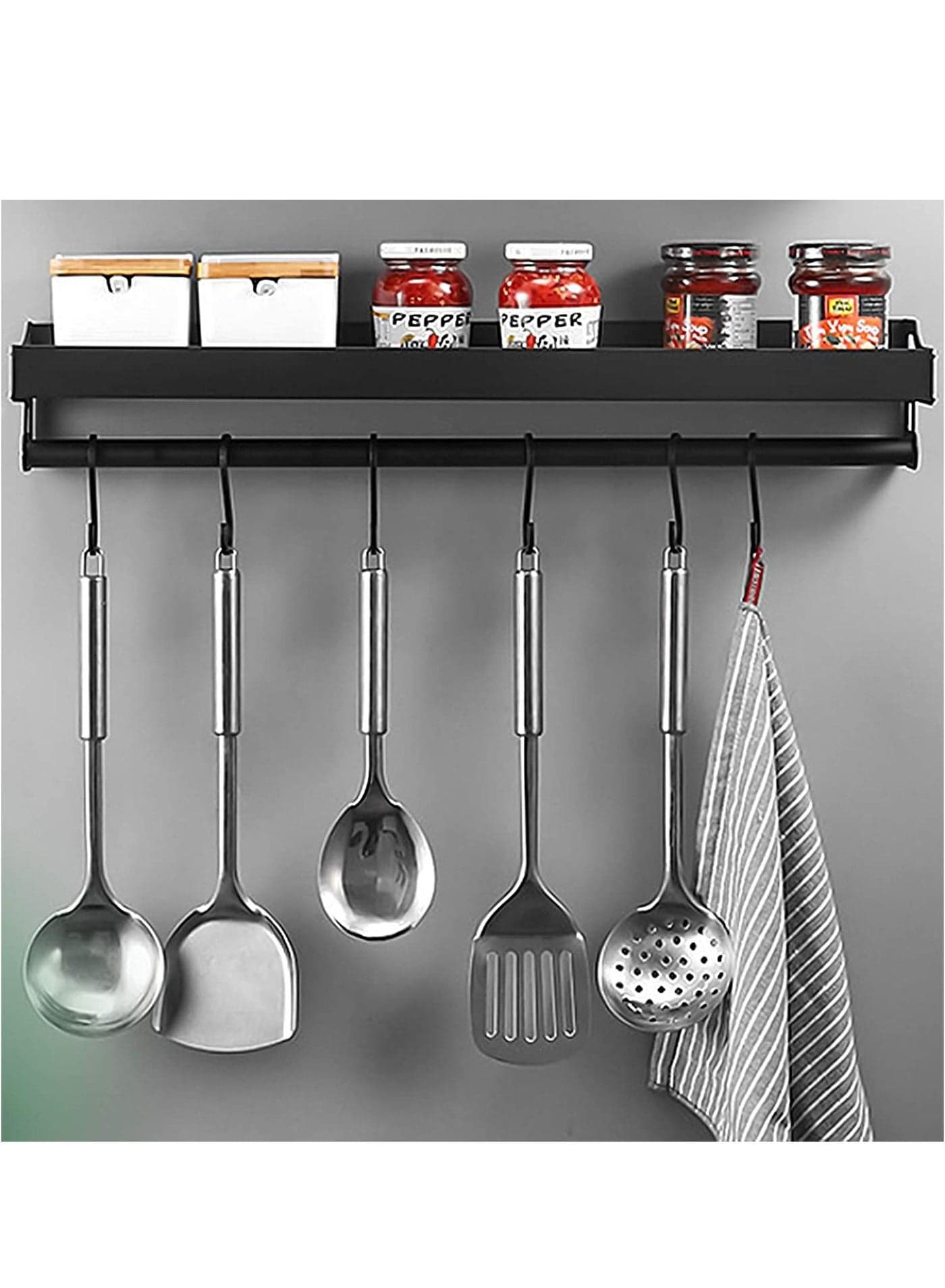 Kitchen Holder with 6 Removable Hooks, Black Kitchen Shelf, Kitchen Shelf for Spices, Hook Rack, Kitchen Aid, Hanging Rack, Aluminium, for Kitchen, Bathroom, Hallway, etc