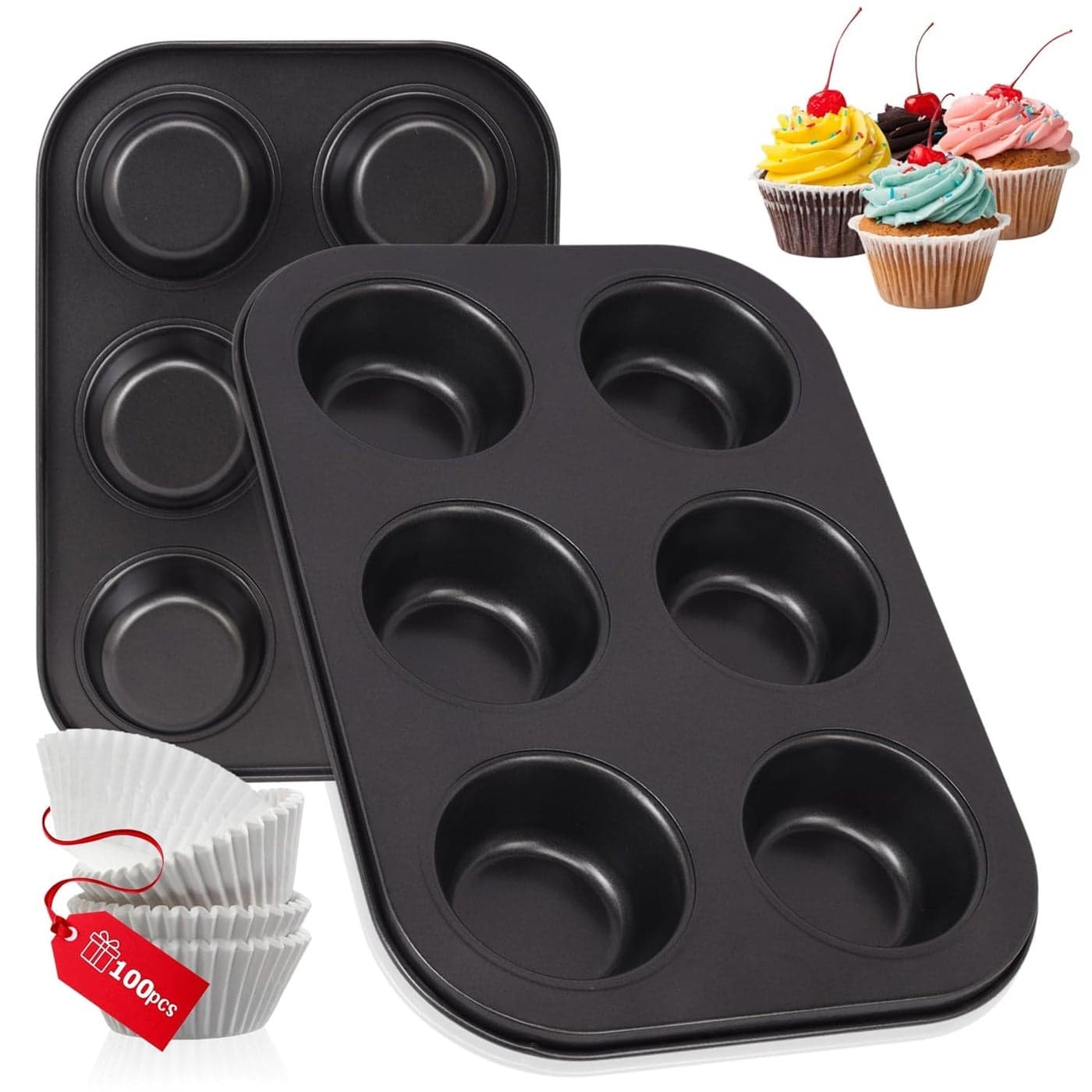 VERENA 6Cup Muffin Tray for Baking with 100 Muffin Liners BPA Free NonStick Carbon Steel Cupcake Tray 500F Heat Resistant Easy to Clean Microwave OTG Oven Safe Cupcake Mould for Baking