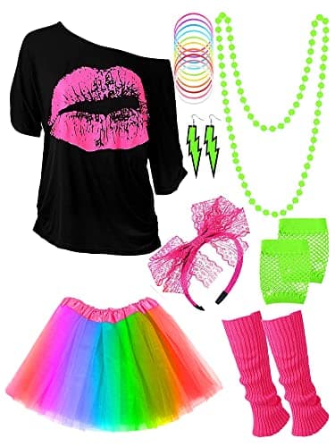 Blulu 80s Outfit Costume Accessories for Women Neon T Shirt Tutu Skirt for Mardi GrasRainbowM