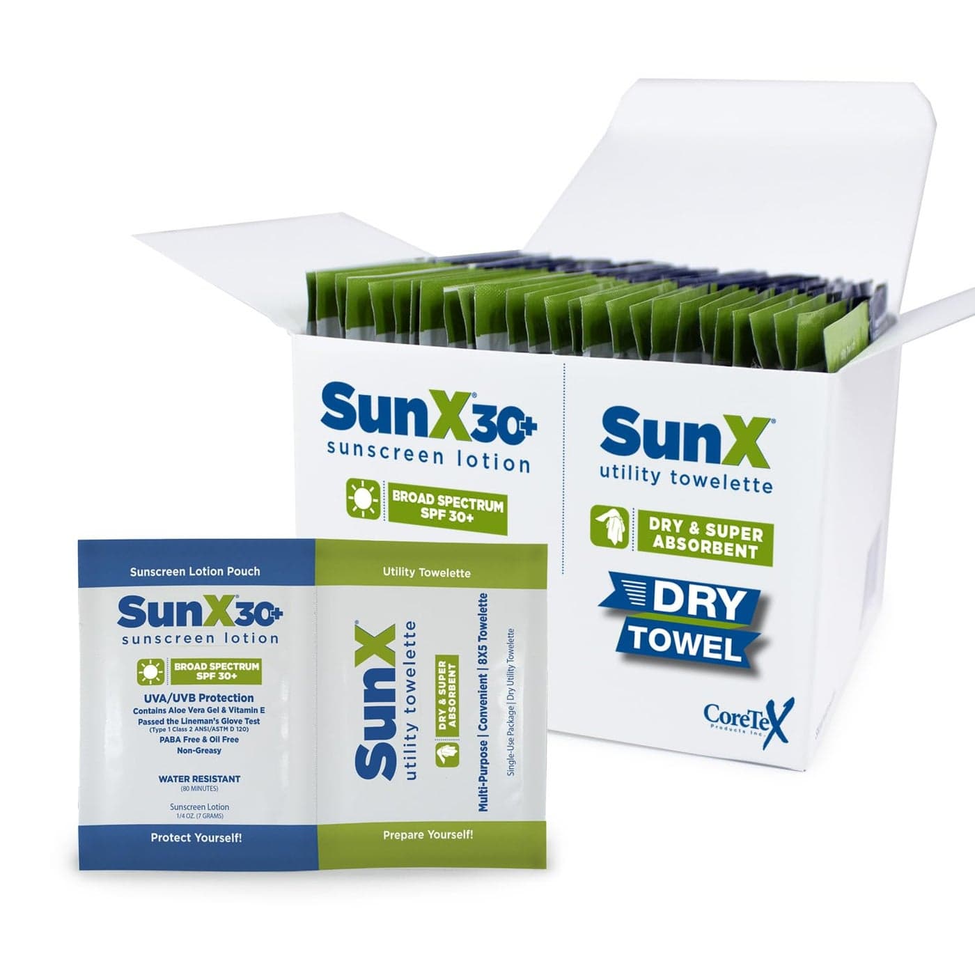 CoreTex Sun X 30+ Broad Spectrum Sunscreen Packets & Dry Towels Duo Kit - Pack of 25 Paraben, Oxybenzone, Octinoxate, & Oil Free Sunscreen - No White Cast and Water & Sweat Resistant Up to 80 Minutes