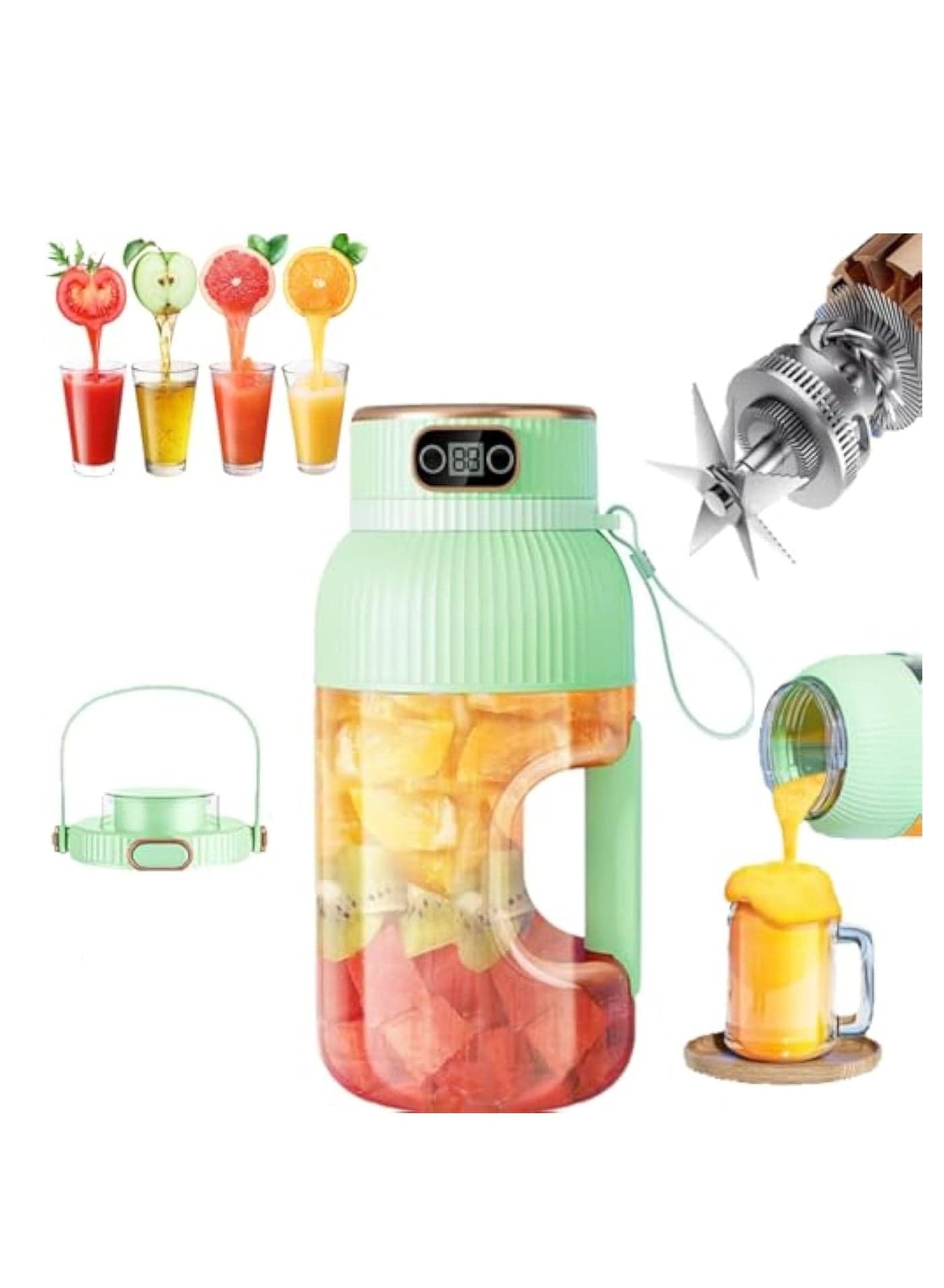 Portable Blender, Portable Juicer with Digital Display, Personal Blender, Multifunctional Travel Cup for Shakes & Smoothies, BPA Free, Type-C USB Rechargeable, Green
