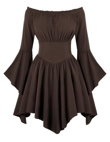 Scarlet Darkness Renaissance Costume Women Pirate Off Shoulder Bell Sleeve Fairy Dress Brown S