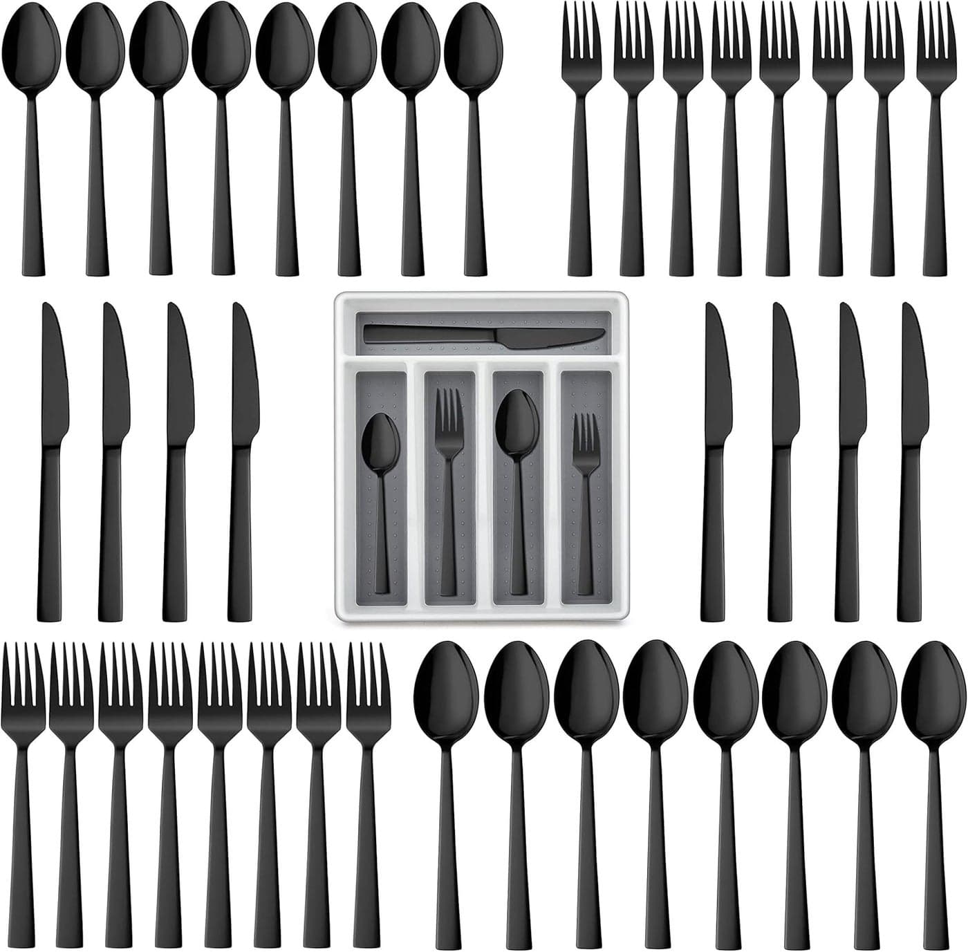LIANYU 40Piece Black Silverware Set with Tray Stainless Steel Square Flatware Cutlery Set for 8 Black Eating Utensils for Home Restaurant Dishwasher Safe Mirror Finished