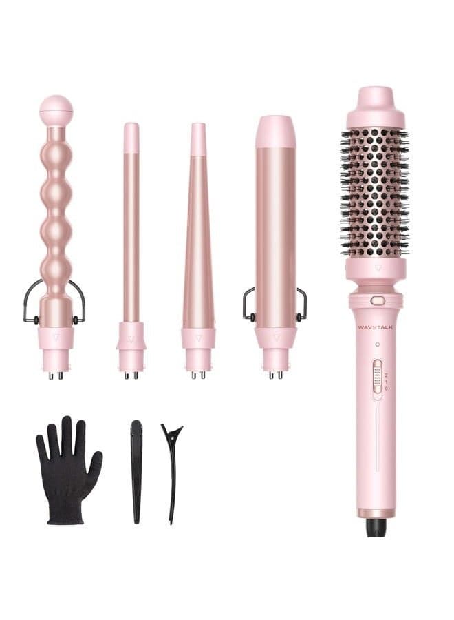Wavytalk 5 in 1 Curling Iron,Curling Wand Set with Curling Brush and 4 Interchangeable Ceramic Curling Wand(0.5”-1.25”),Instant Heat Up,Include Heat Protective Glove & 2 Clips (Pink)