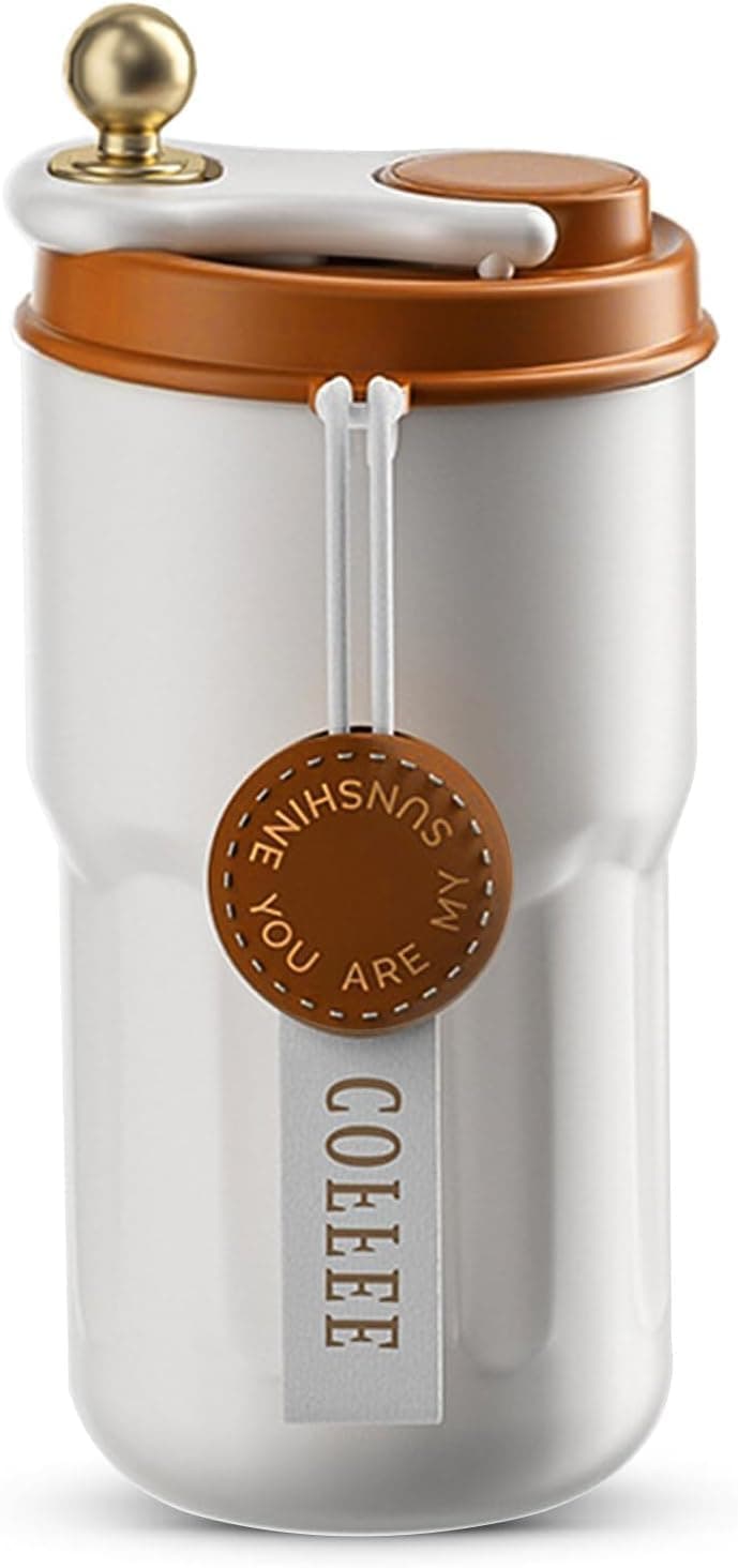 Wosta Coffee Mug with Ziplock Lid, Coffee Thermal Mug Coffee to Go, Double-Walled Vacuum Thermal Mug, Coffee, Stainless Steel Thermal Mug, Large (Without Temperature Display) (Brown), 420Ml