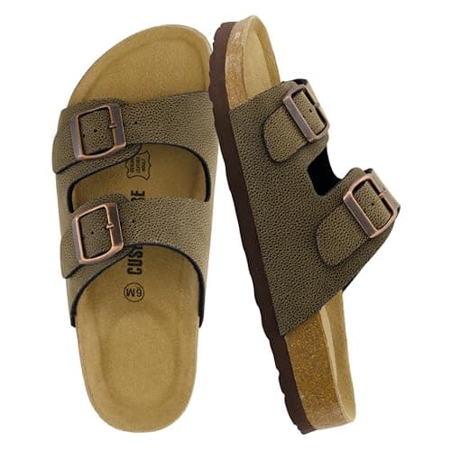 CUSHIONAIRE Lane Cork Footbed Sandals for Women – Comfortable Double Buckle Slip-On with Genuine Suede Footbed & Arch Support Slides for Women Footwear, BROWN 6