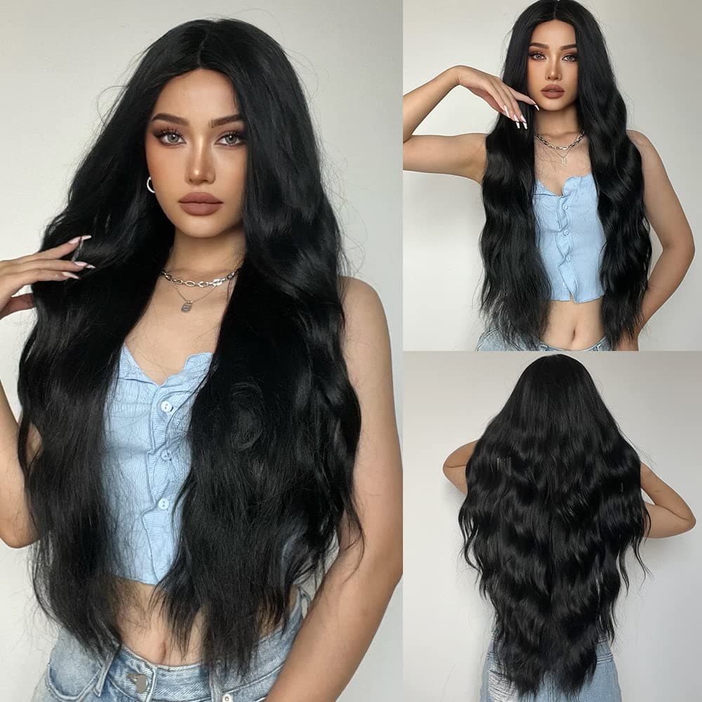 MAGQOO Black Wig Women Long Curly Wavy Black Wigs Middle Part Heat Resistant Hight Density Synthetic Wigs Black