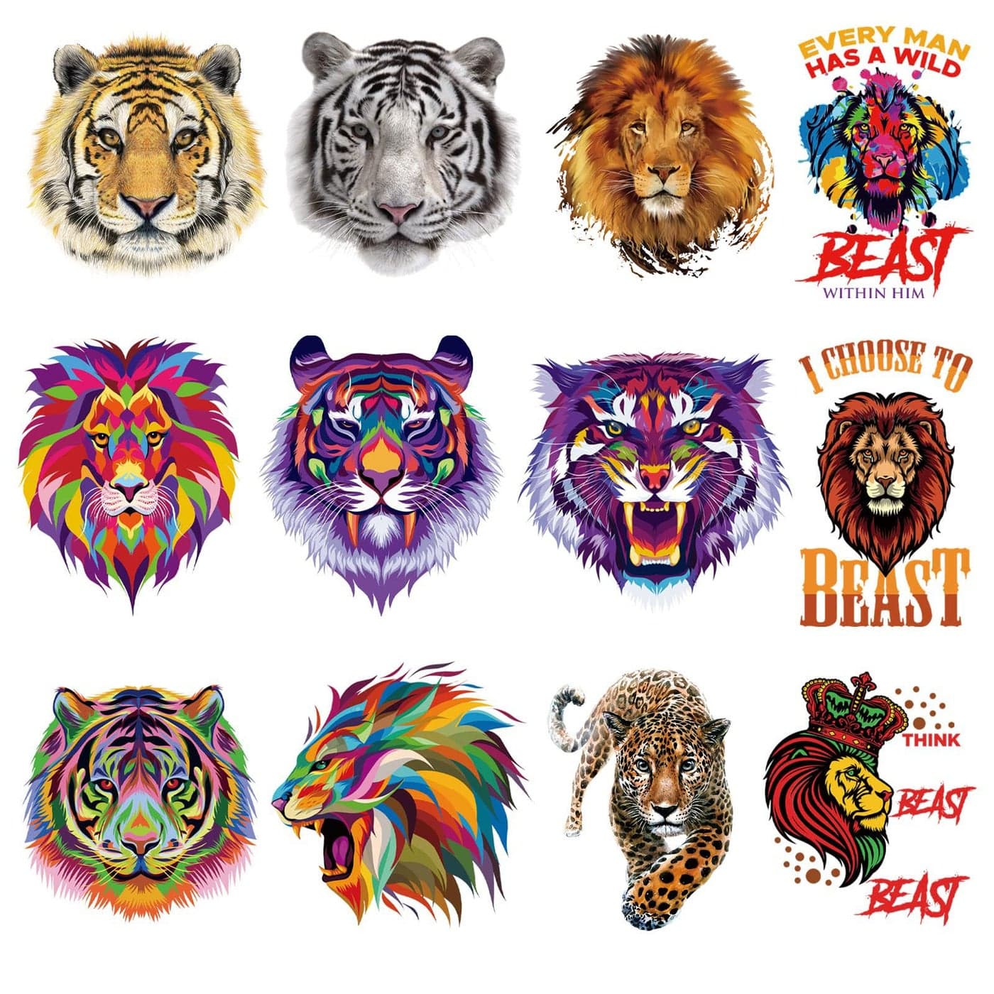 12Pcs Tiger Lion Iron On Decals for DIY Heat Transfer Clothes TShirt Thermal Stickers Animal Patches Iron On Stickers for Clothing Small Size