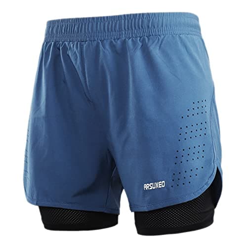 ARSUXEO Men's Active Training Running Shorts 2 in 1 Blue Size Medium