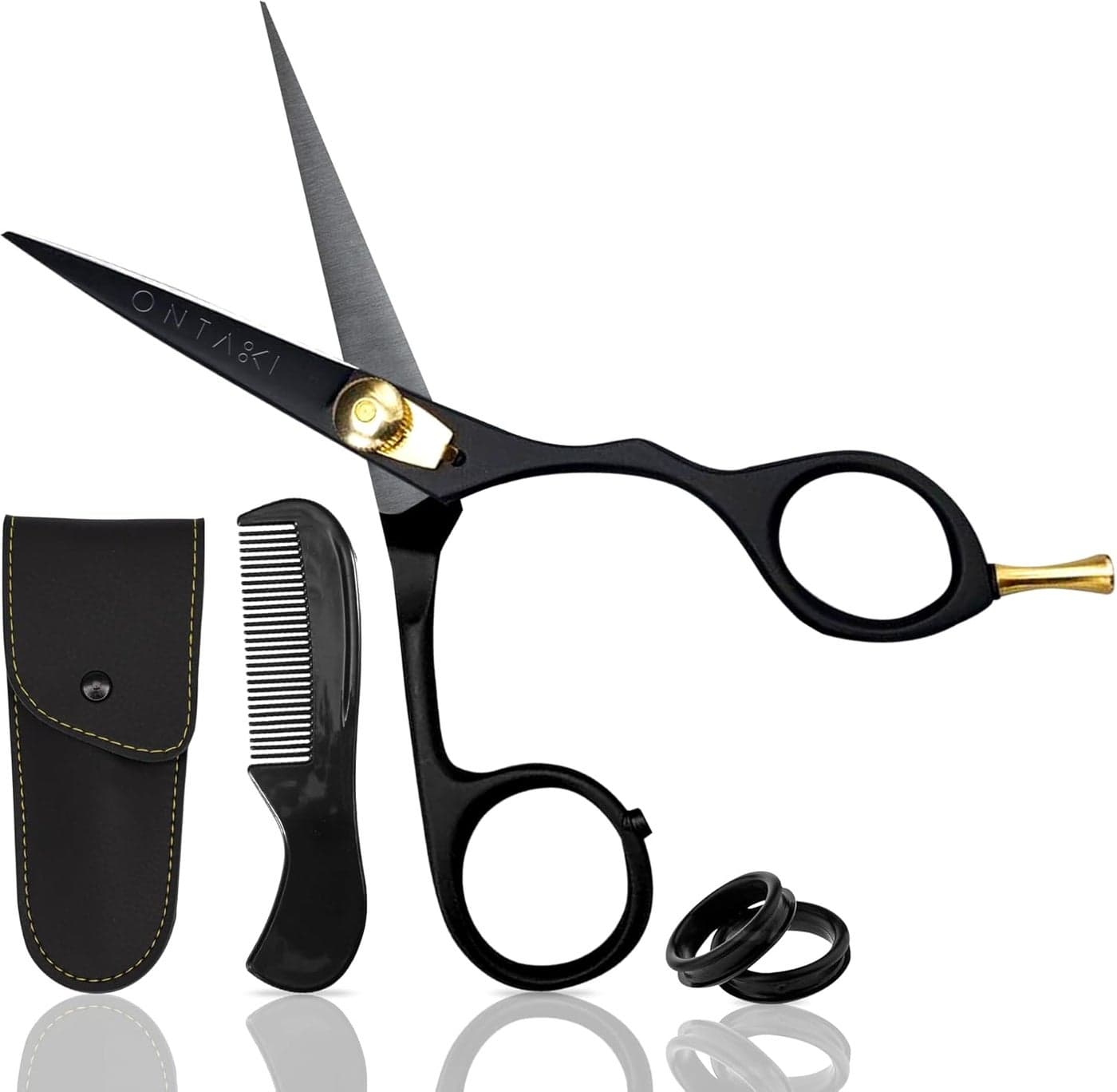 Ontaki 55 Japanese Steel Mustache Beard Scissors for Men with Comb Carrying Pouch Hand Forged Ergonomic Bent Handles Design Facial Hair Scissors Ergonomic Black Right Hand