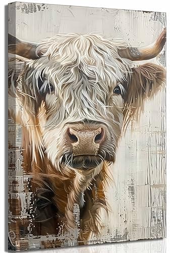Vintage Highland Cattle Canvas Wall Art Countryside Scottish Cow Painting Picture Wall Decor Farmhouse Poster Print Artwork for Living Room Bedroom Bathroom Home Decoration