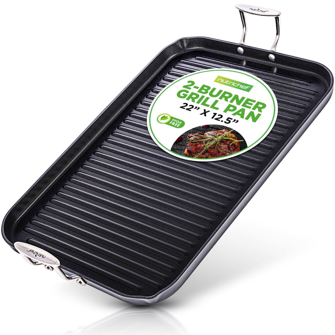 NutriChef 20x13 Stove Top Grill Pan Double Burner HardAnodized Non stick Grill Griddle Pan