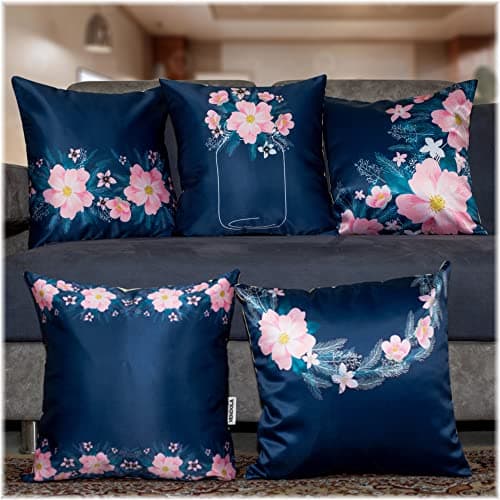 Vendola Decorative Satin Sofa Cushion Covers Set of 5, 24 Inch x 24 Inch 5 Piece, Sofa Big Cushion Pillow Cover, Navy Blue, White and Pink Colour, Floral Design, Zipper Closure (Hana, 24X24 Inches)