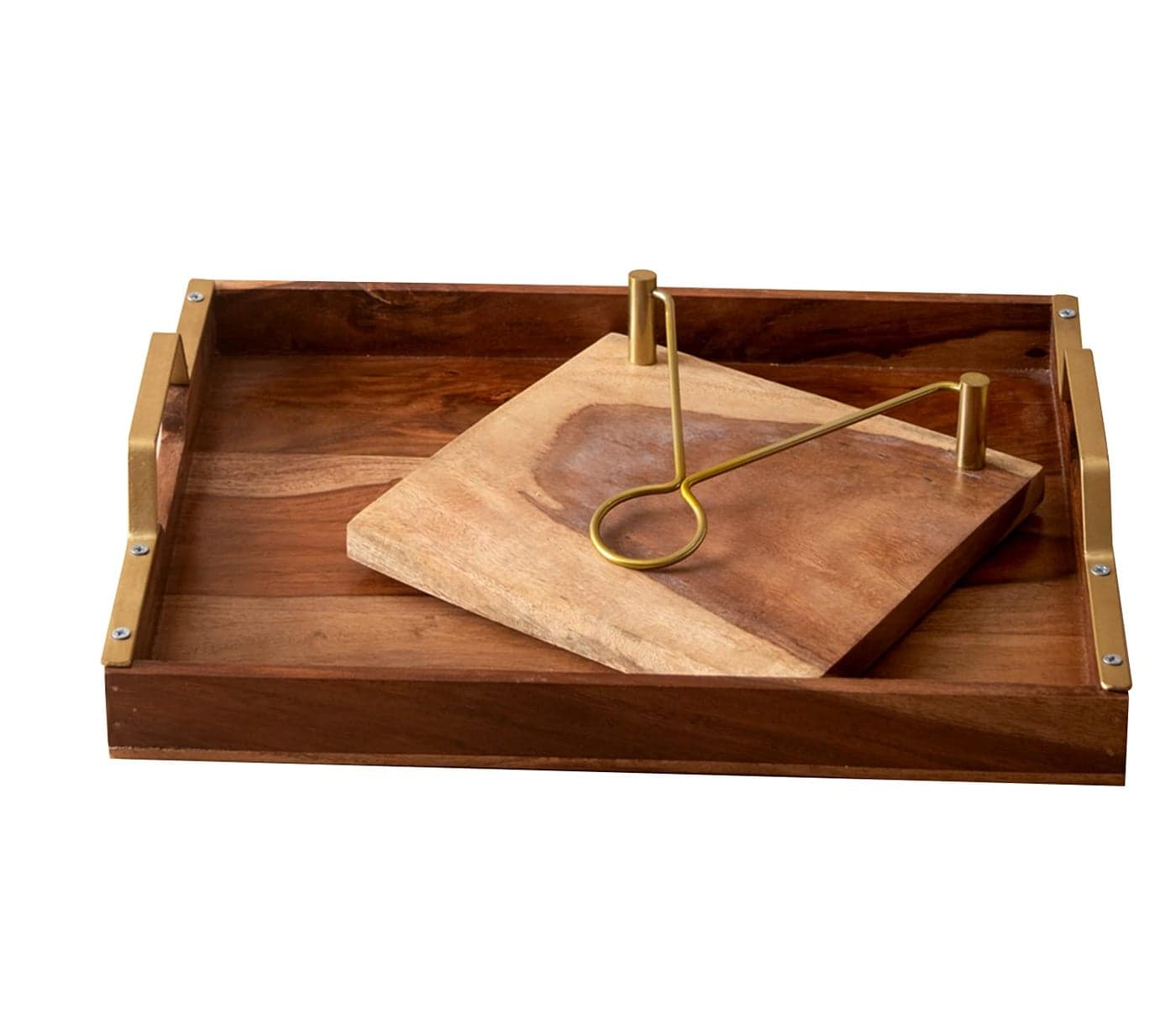 nestroots Sheesham Wood Serving Tray & Napkin Holder Set of 2 Pieces, 15" X 12", Brown