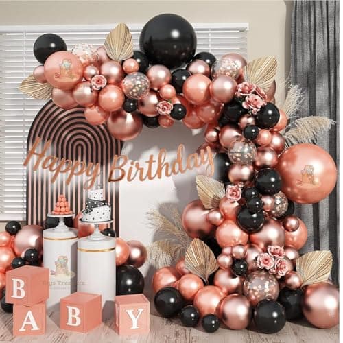 Toys Treasure We Deliver Smiles 146pcs Black Rose Gold Balloon Garland Arch Kit with Happy Birthday Card Banner - Complete Party Decoration Set