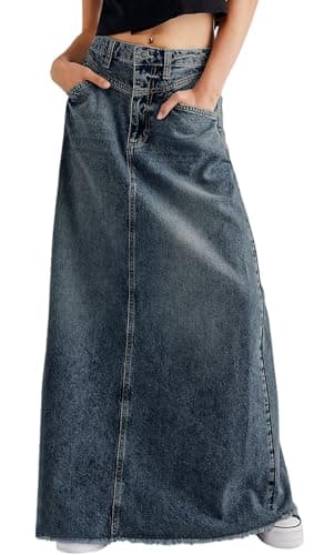 CHARTOU Women Vintage Denim Maxi Skirt Frayed Raw Hem High Waist ALine Long Jean Skirt XLarge Blue