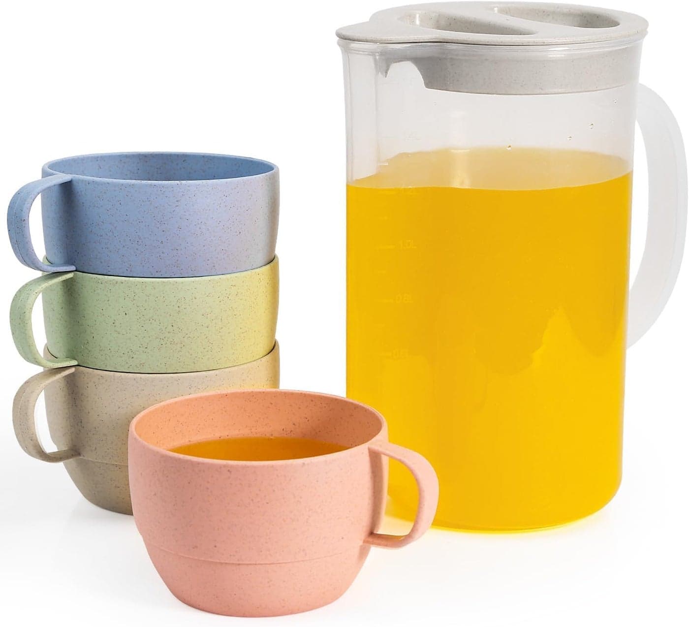 4Pcs 420ML Reusable Unbreakable Water Cups with 1.8L Cold Kettle, Lightweight Multi-Color Tea Coffee Mug with Pitcher Set for Fridge/Cold Bucket/Lemonade/Fruit Tea/Cold Bubble Kettle