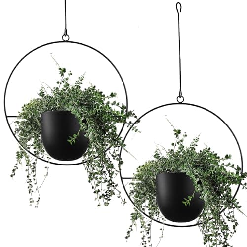 ABETREE 2 Pcs Hanging Planters for Indoor and Outdoor Plants with Hooks and Chains, Metal Modern Wall Ceiling Planter Hangers Minimalist Flower Pot Holder Basket for Home Decor(Black)