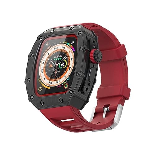 For Apple Watch Ultra Band 49mm Case Luxury Rugged Metal Cover Screen Protector Fluoroelastomer Strap for iWatch Ultra Series 49mm Replacement Strap Heavy Duty Bumper Case for Men 49mm Red