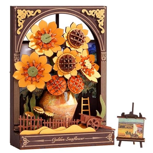 Wowood 3D Wooden Puzzles for Adults Van Gogh Golden Sunflower DIY Model Building Kits with LED Light Gifts for Mothers Day Home Decor Wall Art Unique Creative Gifts for Art LoversMenWomen