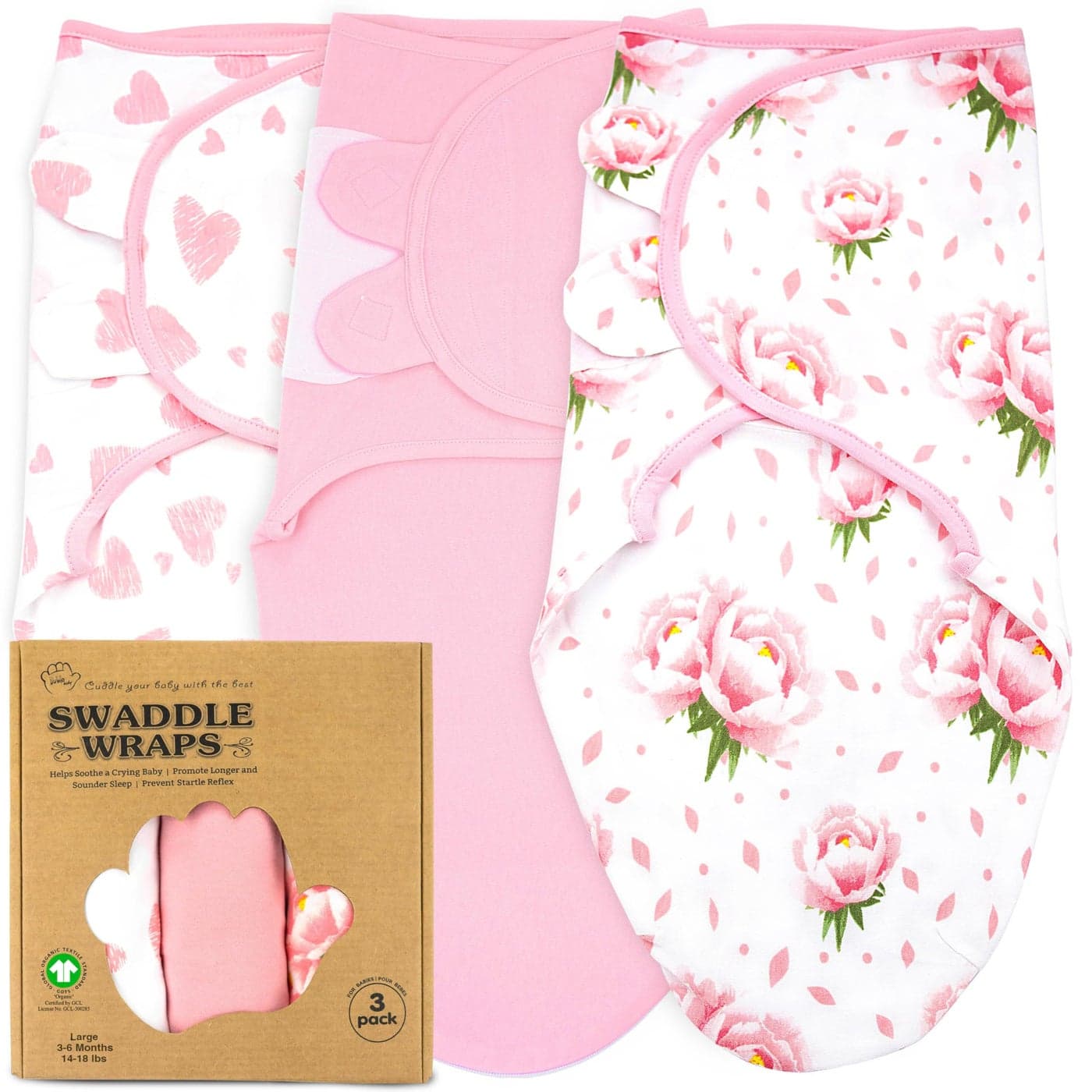 Bublo Baby Swaddles for Newborns 3Pack Infant Swaddles 36 Months Adjustable Swaddle Sleep Sack Soft Organic Cotton Baby Wrap for Safe Cozy Sleep HeartsFlowers