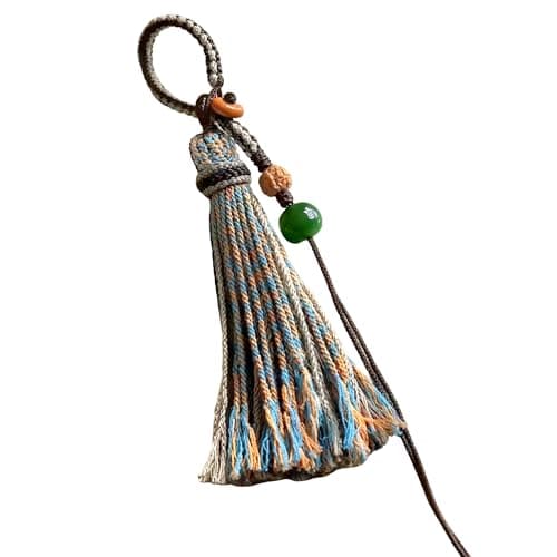 Chiorgone Handmade Tibetan Yarn Tassel Keychain Boho Phone Chain with Amber Jade Beads Pendant decoration for Car KeysBackpacks