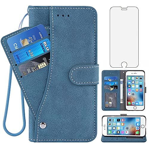 Compatible with iPhone 6plus 6splus 66s Plus Wallet Case and Tempered Glass Screen Protector Flip Purse Cover Card Holder Cell Phone Cases for iPhone6 6 iPhone6s 6s i 6P 6a S Six iPhone6splus Blue