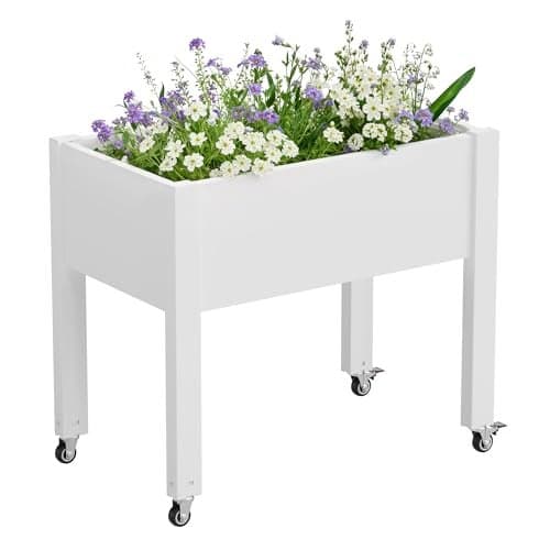 WTFGO Elevated Raised Garden Bed with Wheels - Outdoor Mobile Resin Planter Box with Drainage Holes for Vegetables Flower Herbs, Weather Resistant, White (26.3" h)