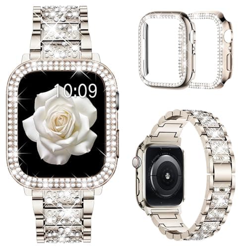 Mosonio Compatible with Apple Watch Band 40mm with Case Women, Jewelry Replacement Metal Wristband Strap with 2 Pack Bling PC Protective Cover for iWatch Series 6/5/4(Champagne)