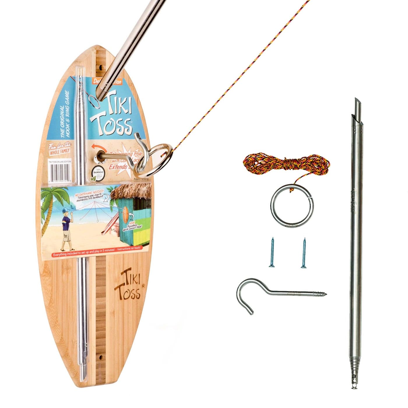 Tiki Toss Hook and Ring Toss Deluxe Set 100 Bamboo with 5 Ft Telescoping Pole and All Parts Included