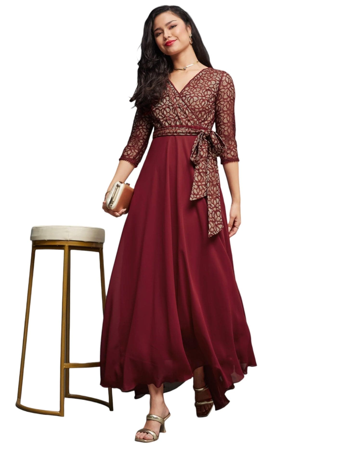 Miss Chase Women's Relaxed Fit V-Neck 3/4Th Sleeve Maxi Dress (MCSS21D14-67-143-03, Maroon, S)