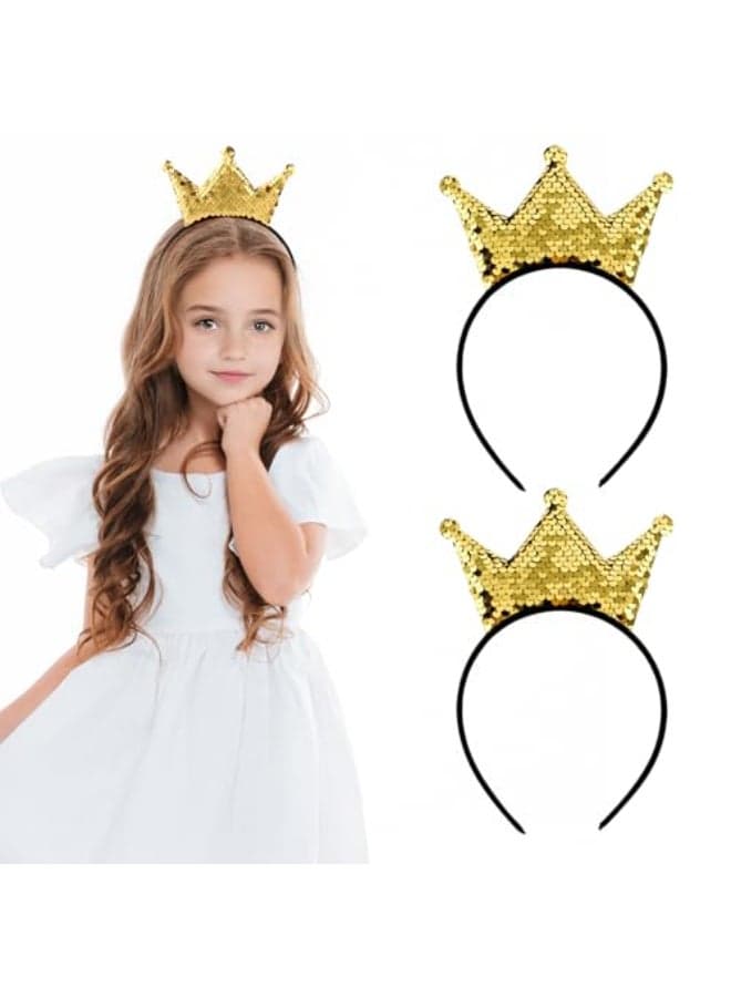 2 Pcs Sequin Crown Headband Princess Shiny Gold Hair Band Cute Hair Styling Clip Accessories Glitter Hair Hoop Decoration Elastic Costume Birthday Headwear for Women Christmas Party Tiara Supplies