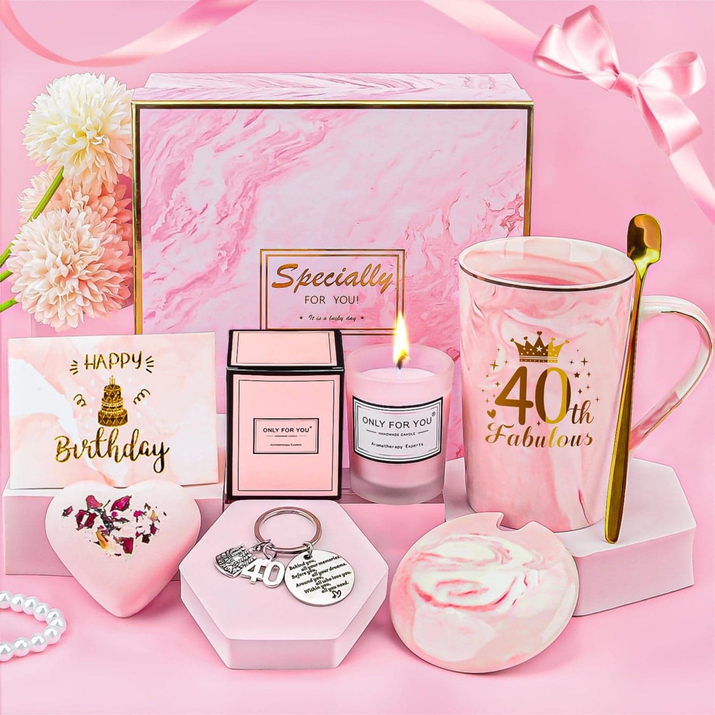 TOLOYE 40th Birthday Gifts for Women Ladies Birthday Gift Ideas Pink Mug Cup Gift Set with Aromatherapy Candle Bath Salt Ball Key Buckle Card 40th Years Old Pamper Gifts for Women