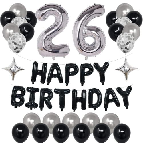 NANINUNENO 26th Black Silver Birthday Party Decorations for Men Women Happy 26 Birthday Party Supplies with Black Happy Birthday Banner Silver Foil Stars Happy Birthday Balloons for 26th Birthday
