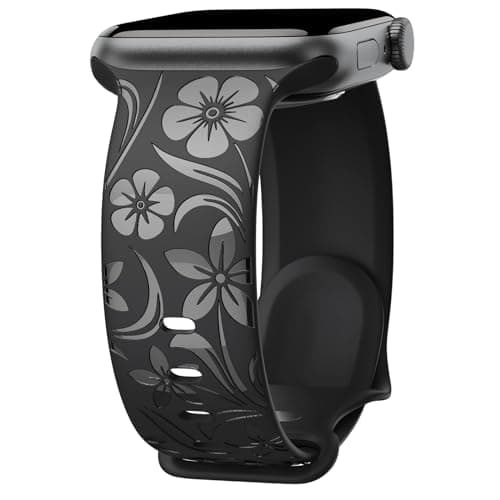 Floral Engraved Band Compatible with Apple Watch Band 38mm 40mm 41mm 42mm 44mm 45mm 46mm 49mm, Designer Silicone Glossy Wildflower Strap for iWatch Band Series Ultra 11 10 9 8 7 6 SE 5 4 3, Black 42