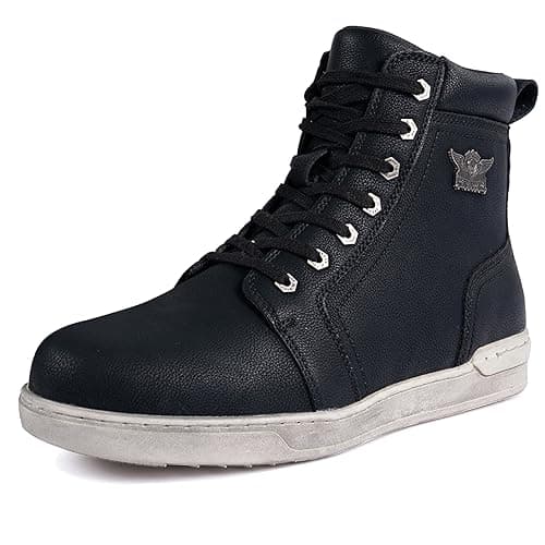 Men's Motorcycle Riding Shoes Street Riding Shoes Breathable Biker Boots Sneakers Powersports Footwear, Black Faux Leather Lace Up Shoes with Ankle Support for Men, Anti-Slip Sole, Side Zipper