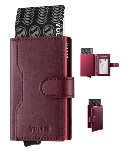 VULKIT Slim Bifold Pop up Wallet Minimalist Leather Card Holder RFID Blocking Metal Card Case with ID Window for WomenWine