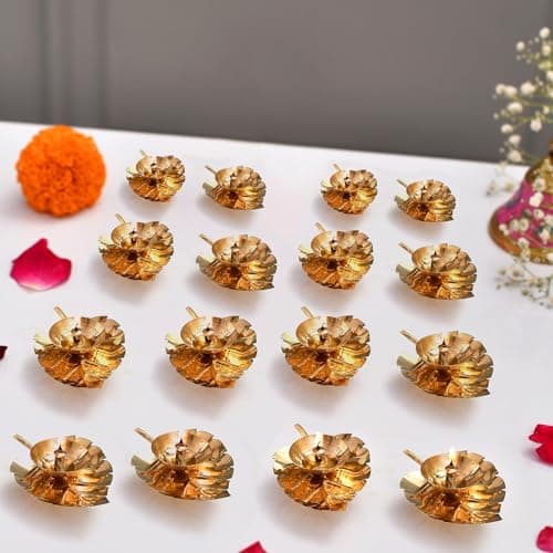 Craftvatika Leaf Brass Diya Set of 16 for Home Office Puja Decor Leaf Diya Brass Leaf diyas for Pooja Room Leaf Shaped Brass Diya for Home Diwali Decoration Gift Items