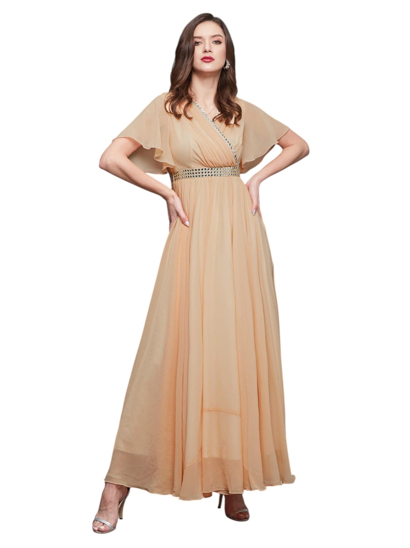 Miss Chase Women's V-Neck Flared/Bell Sleeves Fit & Flare Maxi Dress,(MCSS23D06-61-101-06, Peach, XL)