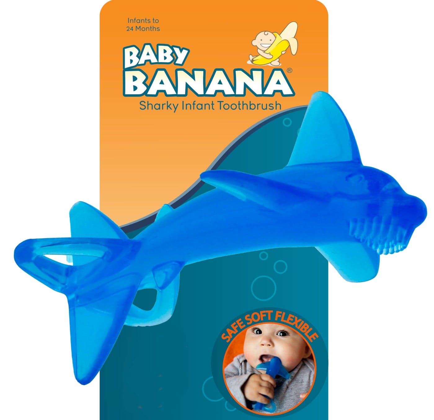 The Original Baby Banana Sharky Toothbrush Teether Toy Made in USA FamilyOwned Business Teething Relief for Babies Infants Toddlers Massaging Soothing Flexible Blue Silicone