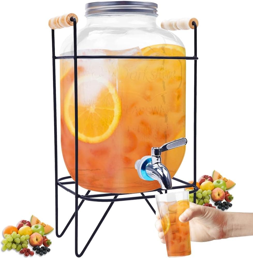 Bellemax 3 Litre Glass Iced Drink Dispenser with Spout & Tap, Steel Lid and Stand– Cold Beverage Tank for Water, Cocktails, Detox Drinks & More, Perfect for Parties & Events,Daily Uses(Set of 1)