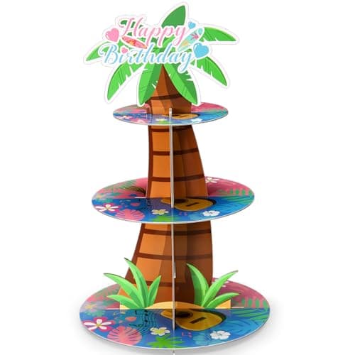 Leinuosen Hawaii Cupcake Stand Decorations 3 Tier Pink Blue Cartoon Cake Stand Happy Birthday Party Decor Cartoon Tropical Luau Birthday Decoration Cute Party Supplies for Wall Hanging Baby Shower